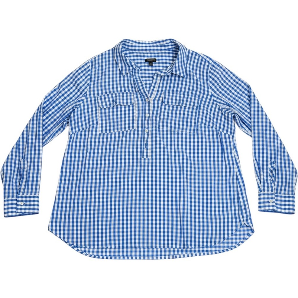 Talbots Gingham Henley Blouse Women 1XP Blue Excellent Long Sleeve Stretch